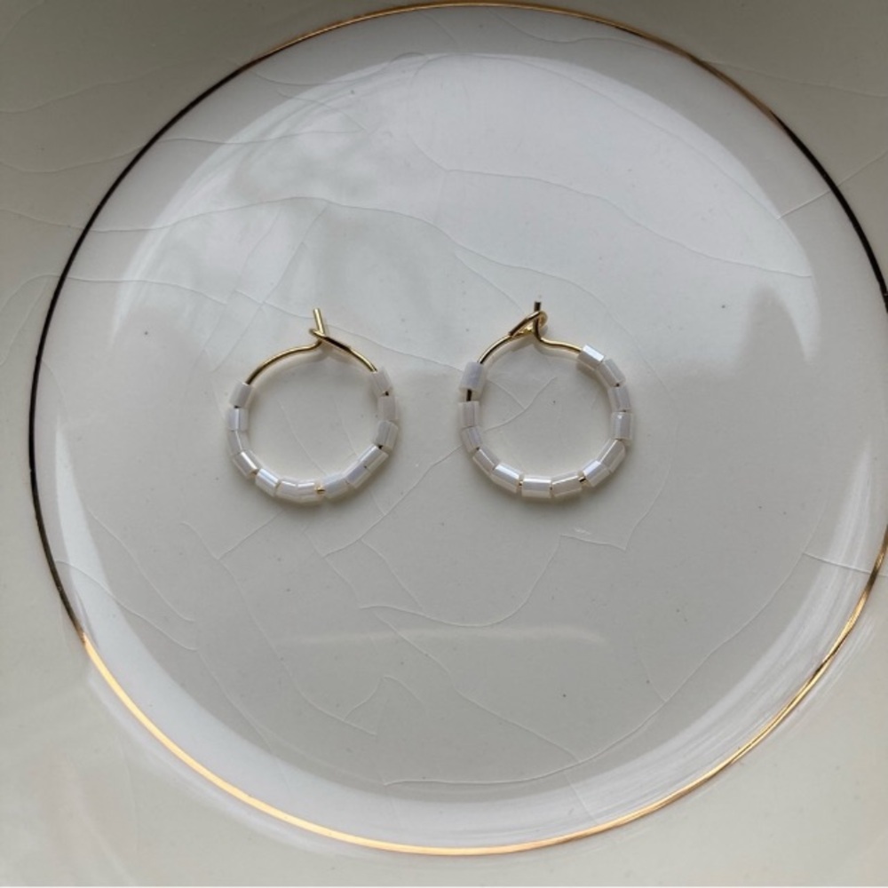 Small Gold Hoops with Iridescent White Beads